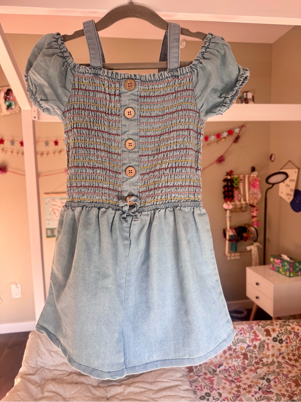 Vince Camuto Light Blue Chambray Girls Romper Dress with Wooden Buttons size 8
